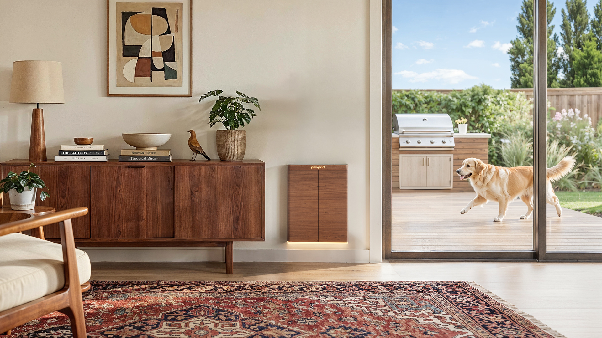Golden Retriever coming through a PawPort Smart Pet Door installed in a sliding glass door — Coachella Valley home