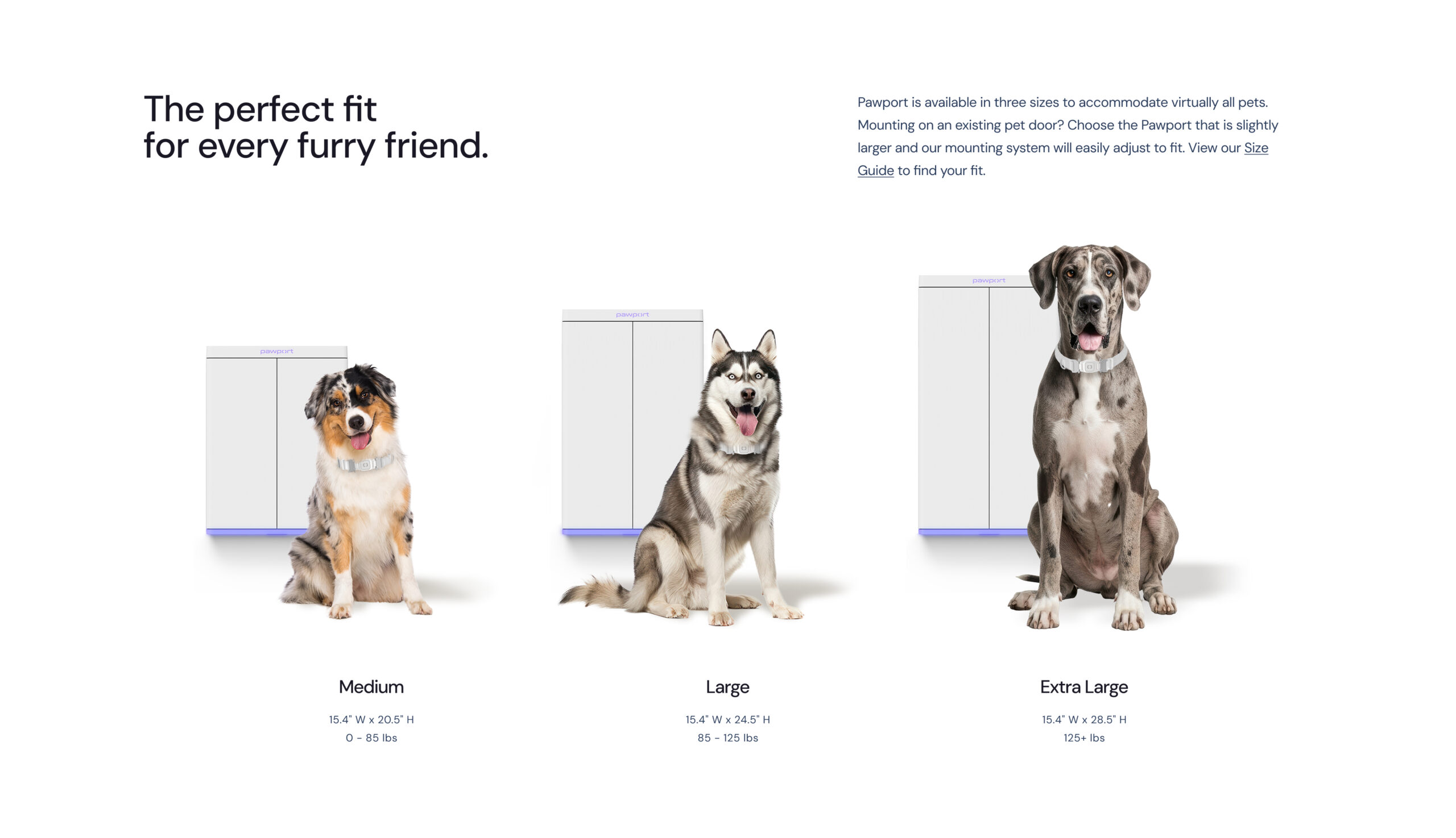 PawPort size comparison — Medium, Large, and Extra Large Smart Pet Doors shown with different dog breeds